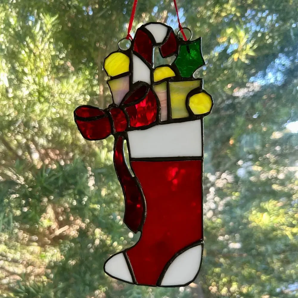 Vintage Stained Glass Christmas Stocking – 9” Iridescent Holiday Suncatcher